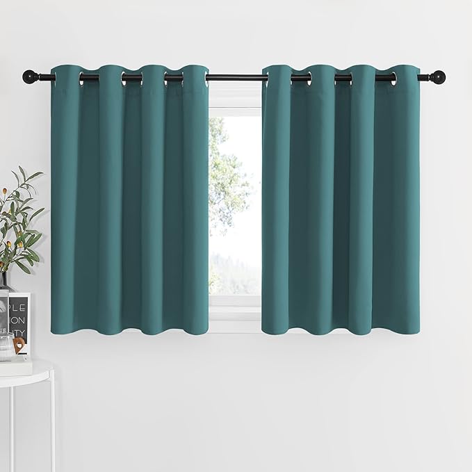 NICETOWN Kitchen Window Short Curtains - Blackout Ring Top Thermal Insulated Functional Curtain Drapes Cafe Sets for Bathroom/Loft/Dorm/Christmas, 52W by 36L 1.2 inches Header, Sea Teal, 1 Pair.