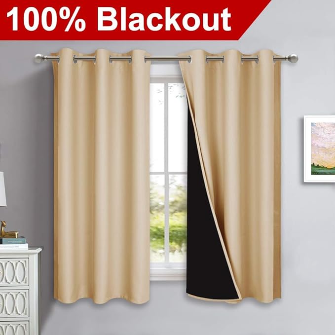 NICETOWN Bedroom Full Blackout Curtain Panels, Super Thick Insulated Grommet Drapes, Double-Layer Blackout Draperies with Black Liner for Small Window (Set of 2 PCs, 42 by 63 inches, Biscotti Beige)