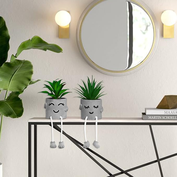 Zerzsy Faux Succulents in Cement Pots with Hanging Leg, Potted Mini Fake Plants for Desk Decor,Kitchen Shelf Decor, Office Decor for Women,Bathroom Shelf Plants Decoration- Set of 2