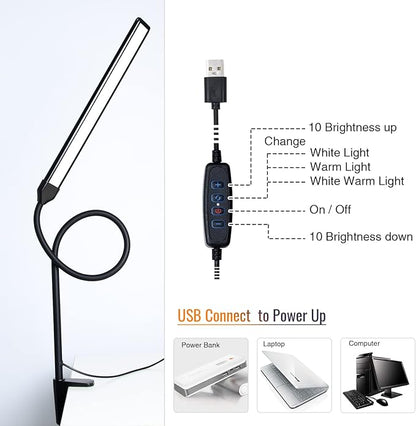 LED Desk Lamp with Clamp, Clamp Light, Tall Desk Lamp with Long Gooseneck, 11W, 850 LMS, 3 Color Modes, 10 Brightness Levels, Eye-Caring, Clip on Desk Light for Reading, Home, Office