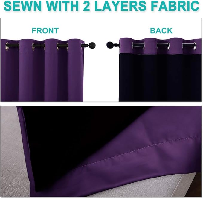 NICETOWN 100% Blackout Curtains with Black Liner Backing, Thermal Insulated Curtains for Living Room, Noise Reducing Drapes, Royal Purple, 37" Wide x 80" Long Per Panel, Set of 2 Panels