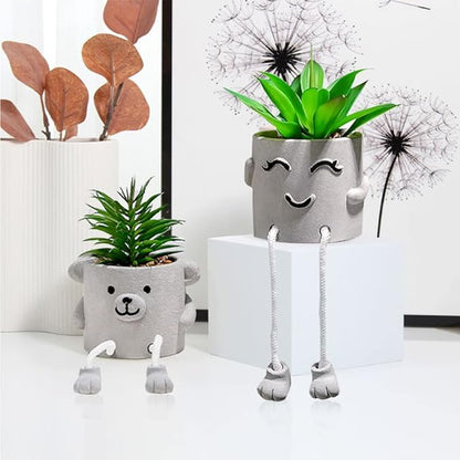 Zerzsy Faux Succulents in Cement Pots with Hanging Leg, Potted Mini Fake Plants for Office Desk Decor, Artificial Succulent Plants Indoor Decorations - Set of 2