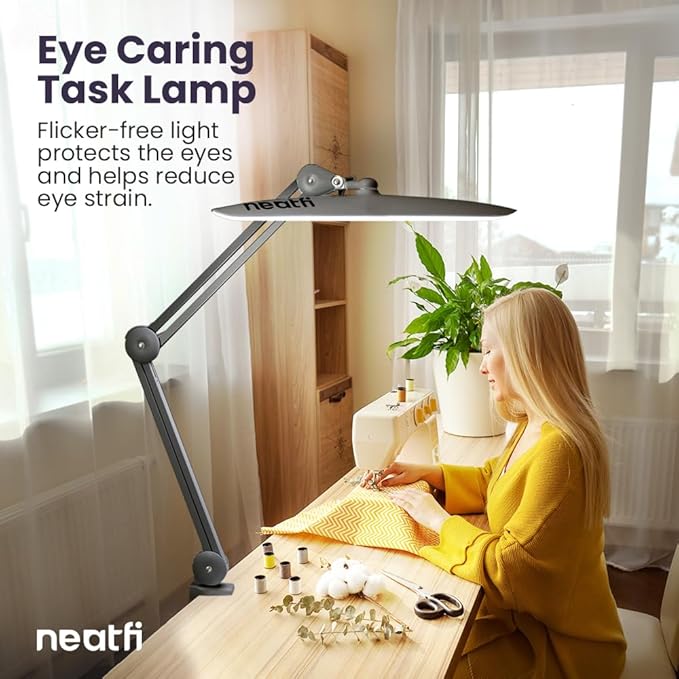 Neatfi XL 2,200 Lumens LED Desk Lamp with Clamp, 24W Bright Architect Task Lamp, 20 Inches Dimmable Computer Light, Adjustable Desk Light for Home, Office, Crafts, Nails & Hobbies (Non-CCT, Silver)