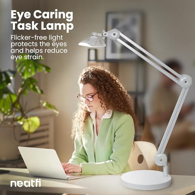 Neatfi XL 2,200 Lumens LED Task Lamp, 24W Super Bright Desk Lamp, 117 Pcs SMD LED, 4 Level Brightness, Dimmable, Task LED Light for Home, Office, Workbench (Non-CCT with Base, White)