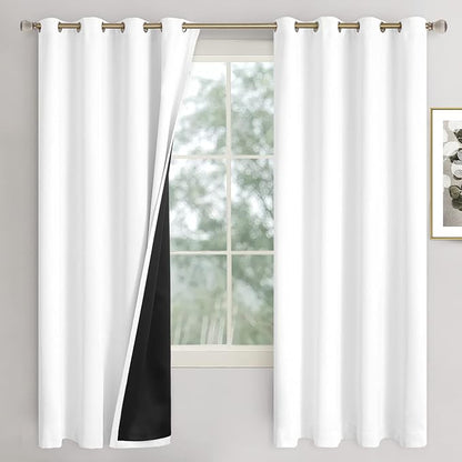 White Blackout Curtains for Bedroom 72 Inches Length 2 Panels Set, Thermal Insulated 100% Light Blocking Soundproof Grommet Window Curtains with Thick Black Liner, Each 52 Inches Wide