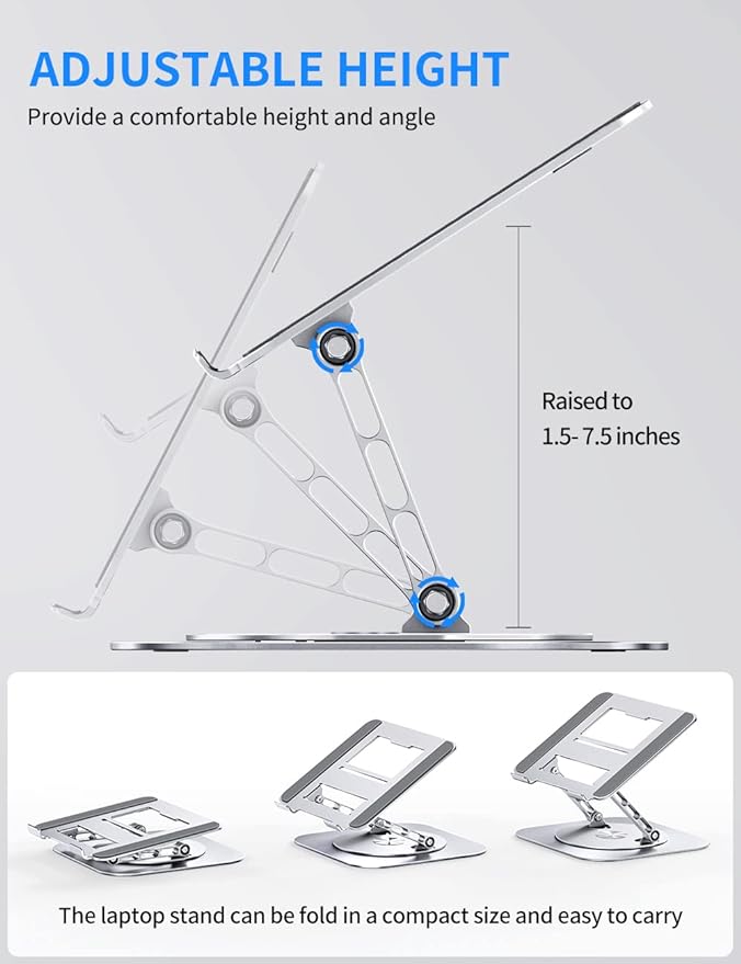 Adjustable Computer Stand with 360 Rotating Base, Ergonimic Foldable Laptop Riser for Desk Compatible with MacBook Pro/Air Notebook up to 16 Inches, Silver