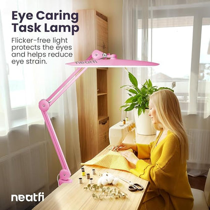 Neatfi XL 2,200 Lumens LED Task Lamp, 24W Super Bright Desk Lamp, 117 Pcs SMD LED, 4 Level Brightness, Dimmable, Task LED Light for Home, Office, Workbench (CCT, Pink)