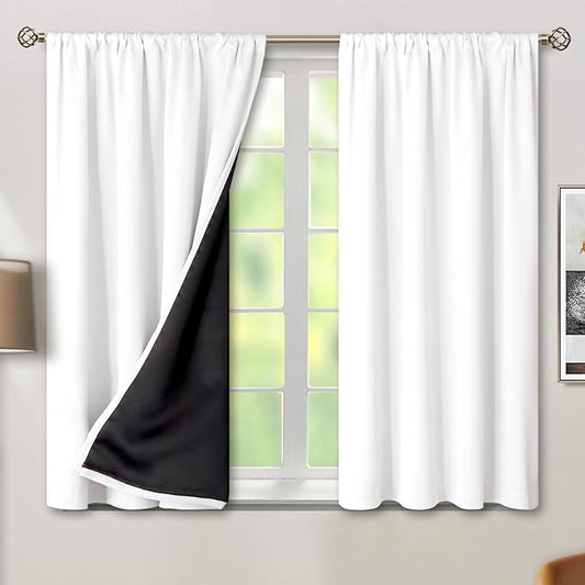 BGment Short Blackout Curtains for Small Window 54 Inch Length 2 Panels Set, Full Room Darkening Thermal Insulated Rod Pocket Curtains with Black Liner, 46 Inch Wide, Pure White, 2 Panels