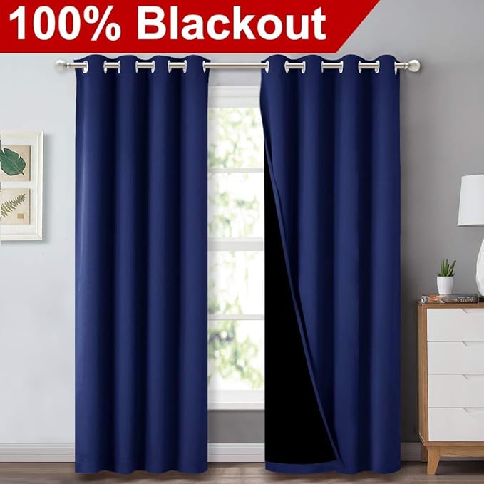 NICETOWN 100% Blackout Curtain Set, Thermal Insulated & Energy Efficiency Window Draperies for Guest Room, Full Shading Panels for Shift Worker and Light Sleepers, Dark Blue, 52W x 84L, 2 PCs