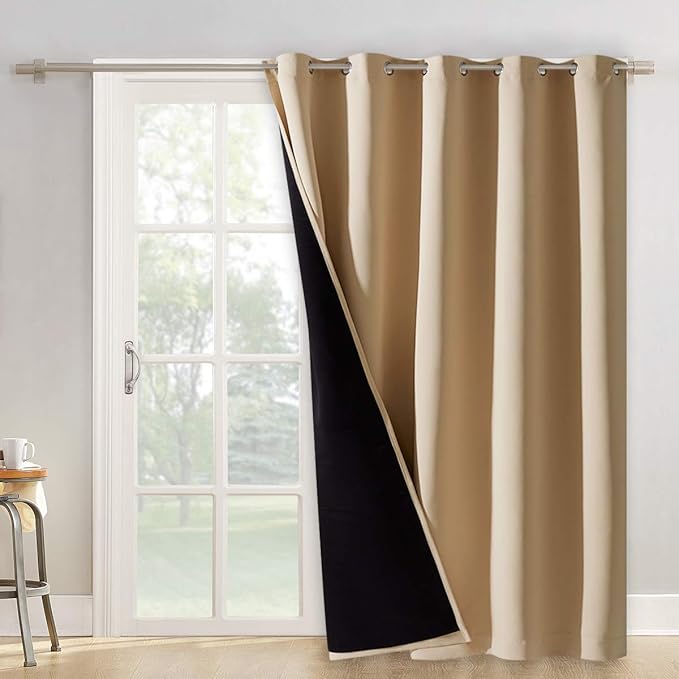 NICETOWN Privacy Door Curtain, Sound Reducing Winter Insulated Thermal 100% Blackout Curtains, Slider Panel with Black Lining, Full Light Blocking Patio Door Drapery (1 PC, 62" x 84", Biscotti Beige)