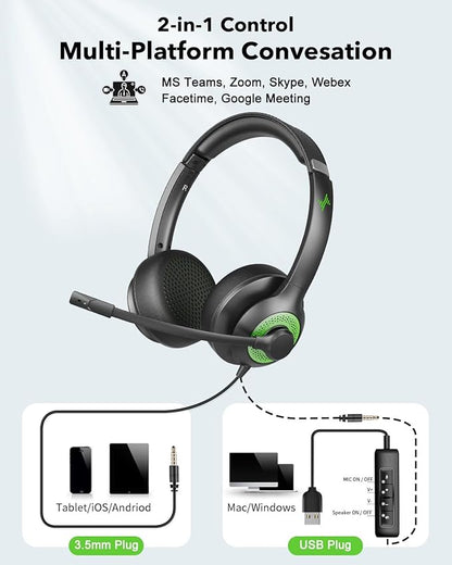 USB Headset with Mic for PC, On-Ear Computer Laptop Headphones with Noise Cancelling Microphone in-line Control for Home Office Online Class Skype Zoom (USB+3.5mm, Green)