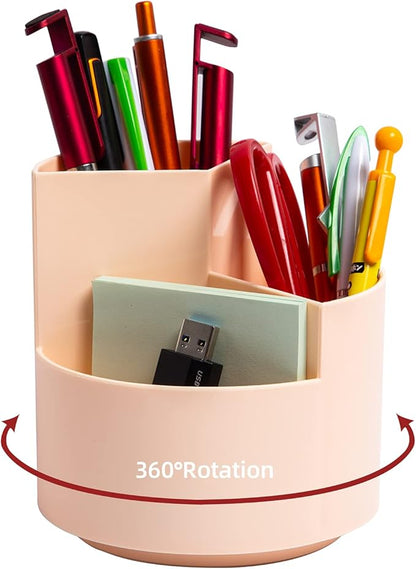 Desk Pencil Pen Holder, 3 Slots 360-Degree Spinning Pencil Pen Desk Organizers, Desktop Storage Pen Organizers Stationery Supplies, Cute Pencil Cup Pot for Office, School, Art Supply, Kids - Pink