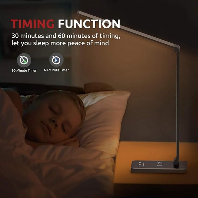 LED Desk Lamp with Wireless Charger, USB Charging Port, 10 Brightness, 5 Color Modes, Desk Lamps for Home Office, Dimmable Table Lamp Eye Caring Reading Light, Touch Control, Auto Timer, Black