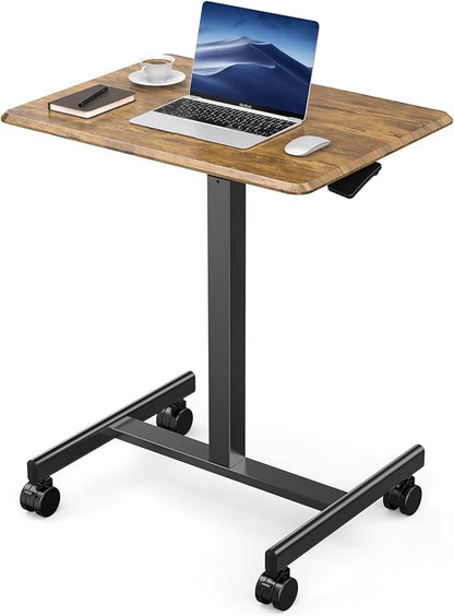 DUMOS Small Standing Desk Mobile Portable Rolling Laptop Desk on Wheels, Adjustable Height Table for Home Office, 19 Inch, Modern Brown