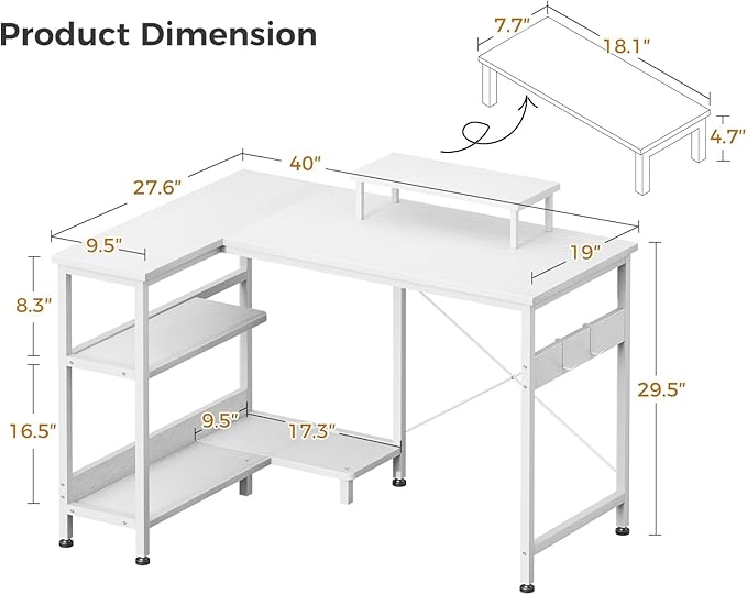 ODK 40 Inch Small L Shaped Computer Desk with Reversible Storage Shelves, L-Shaped Corner Desk with Monitor Stand for Small Space, Modern Simple Writing Table for Home Office Workstation, White