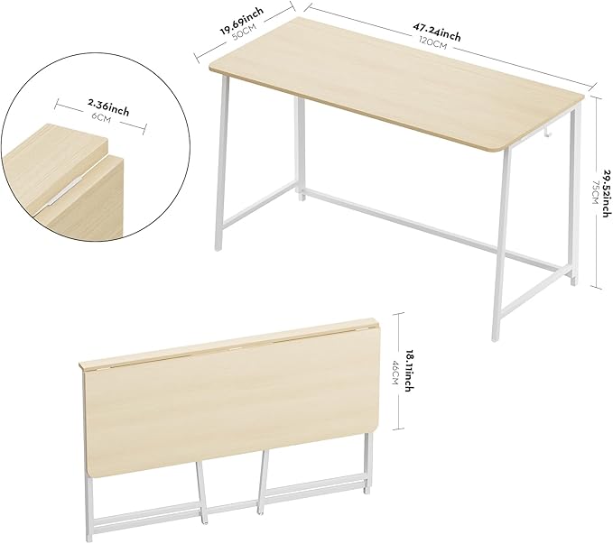 WOHOMO Folding Desk, Small Foldable Desk 47.2" for Small Spaces, Space Saving Computer Table Writing Workstation for Home Office, Easy Assembly, Oak