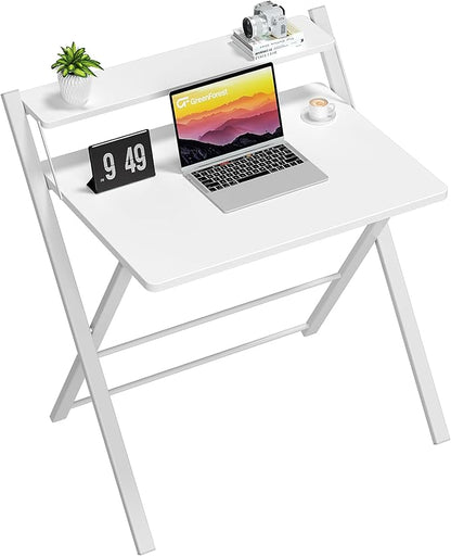 GreenForest Folding Desk No Assembly Required Large Size, 2-Tier Foldable Computer Desk with Shelf for Home Office, Space Saving Portable Laptop Study Foldable Table for Bedroom, White