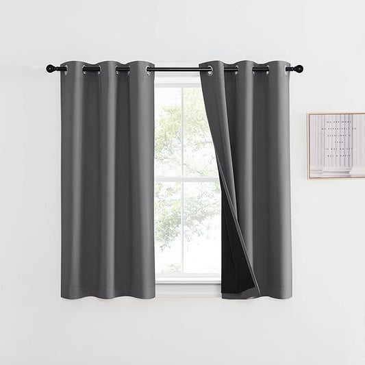 NICETOWN 100% Blackout Curtain with Black Liner, Thermal Insulated Full Blackout 2-Layer Lined Curtain, Energy Efficiency Window Drapery for Dining Room (Grey, 1 Panel, 42-inch W by 45-inch L)