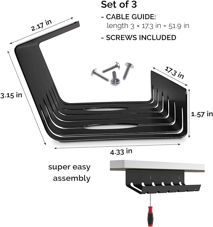 PAMO Cable Management Under Desk for Easy mounting Under-Table I Set of 3 - with 10X Cable Ties I Desk Organizer for Office/Home Office Table Thoughtful Cable Tray Holder