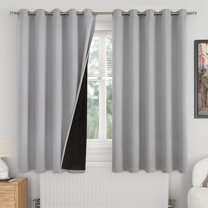 Extra Wide 100% Blackout Curtains for Bedroom 63 Inch Length 2 Panels, Thermal Insulated Full Light Blocking Soundproof Grommet Window Curtains for Living Room, Each 60 Inch Wide, Light Grey