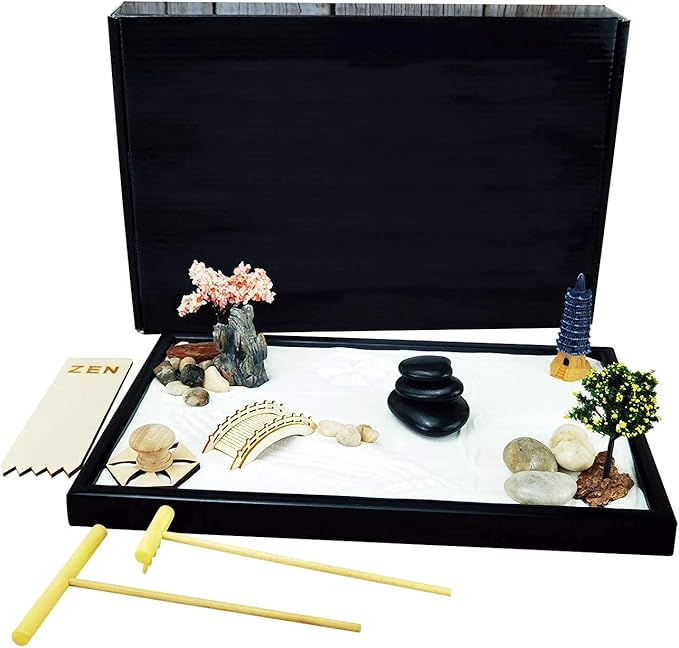 Japanese Relax Desktop Zen Garden Kit for Desk, Mini Meditation kit with Square Sandbox 11.8“ x 8", Balance Stones, Bamboo Rake, White Sand, Cherry Blossom Tree