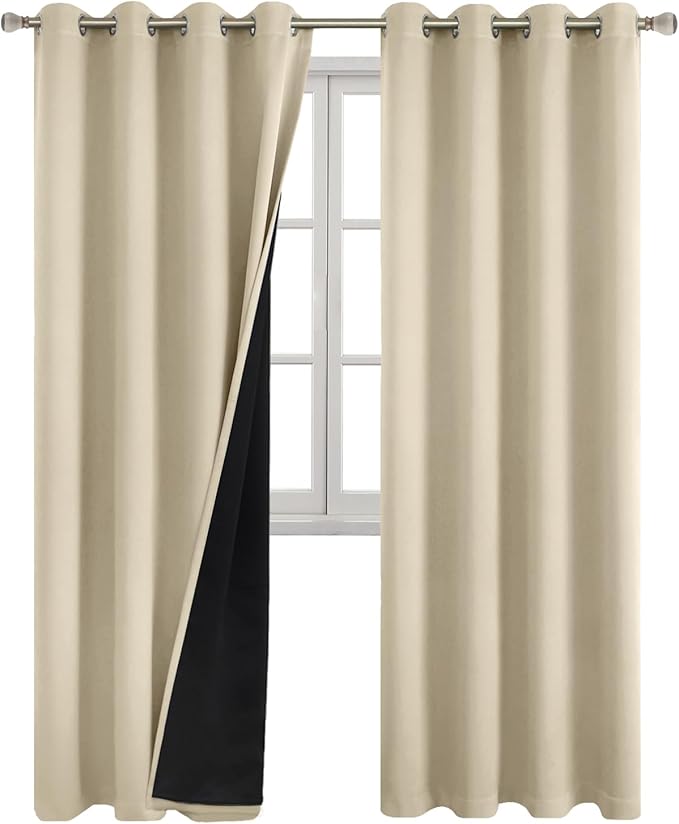 Beige Blackout Curtains 84 Inch Length 2 Panels Set for Living Room, Thermal Insulated 100% Light Blocking Soundproof Grommet Window Curtains for Bedroom with Black Liner, Each 52 Inch Wide