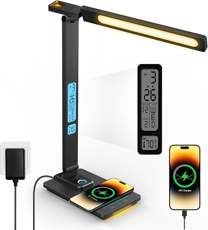 LED Desk Lamp with Wireless Charger: Desk Lamps for Home Office Bedroom, 5 Color Modes & Brightness Dimmable, 2 Night Light