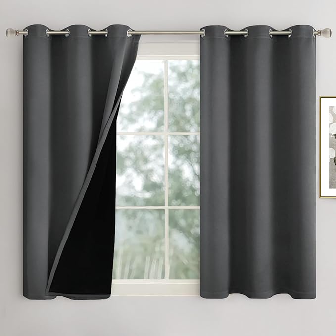 Short Blackout Curtains 45 Inch Length 2 Panels, 100% Light Blocking Thermal Insulated Soundproof Grommet Small Window Curtains with Black Liner, Each 42 Inch Wide, Dark Grey