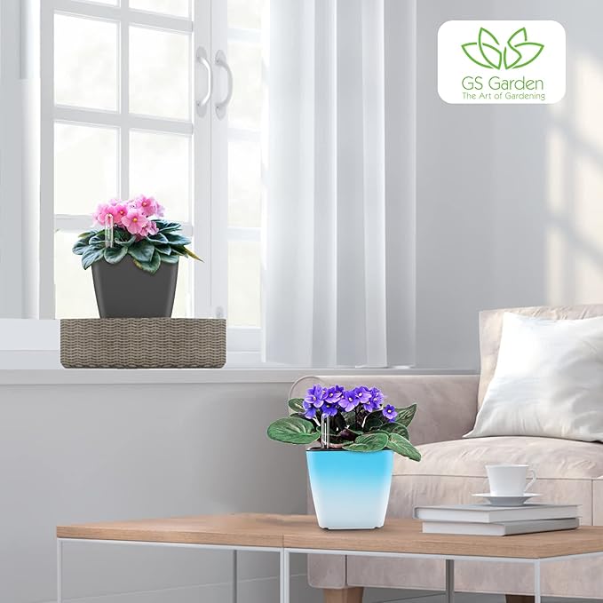 Self Watering Planters for Indoor Plants : 5 inch 3 Pack Gradient Blue Planter with Water Level Indicator African Violet Self Watering Flower Pot for Herb pots House Plant