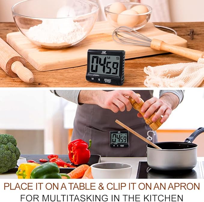 3" Large Display Kitchen Timer - Digital Timer Magnetic Back Loud Alarm On A Rope- Black Cooking Timers For Kitchen Teachers Students Games Kids Meetings - Sports Timer For Workouts Exercise