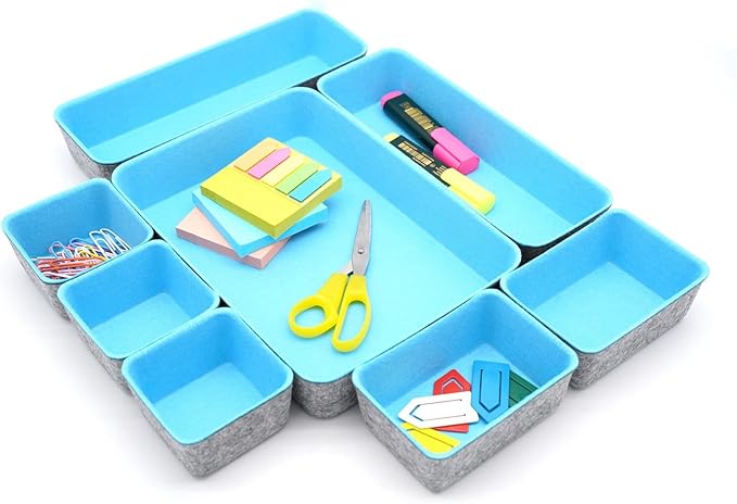 Welaxy desk drawer organizers tray dividers small felt storage box sturdy soft bin for office suppliers entryway catchall key holder makeup crafts pens decluttering 8-piece gift idea (Baby blue)