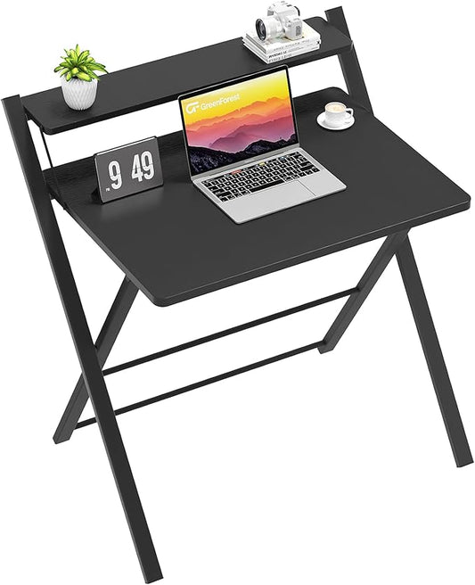 GreenForest Folding Desk No Assembly Required Large Size, 2-Tier Foldable Computer Desk with Shelf for Home Office, Space Saving Portable Laptop Study Foldable Table for Bedroom, Black