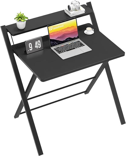 GreenForest Folding Desk No Assembly Required Small Size, 2-Tier Foldable Computer Desk with Shelf for Home Office, Space Saving Portable Laptop Study Foldable Table for Small Spaces, Black