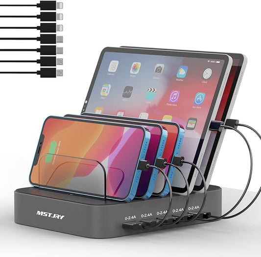 Charging Station for Multiple Devices, MSTJRY 5 Port Multi USB-A Charger Station with Power Switch Designed for iPhone iPad Cell Phone Tablets (Gray, 7 Mixed Short Cables Included)