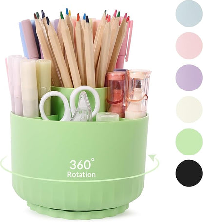 SKYDUE 360 Degree Rotating Pencil Pen Holder for Desk, Dual-Purpose Desk Organizer, Rotating Pencil Cup with 5 Slots, Office Supplies, Desk Decor for Office, School, Home (Green)