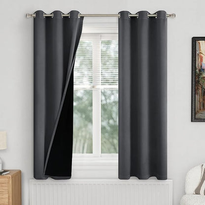 Dark Grey Blackout Curtains for Bedroom 63 Inch Length 2 Panels, 100% Light Blocking Thermal Insulated Soundproof Grommet Curtains with Thick Liner for Narrow Window, Each 38 Inch Wide