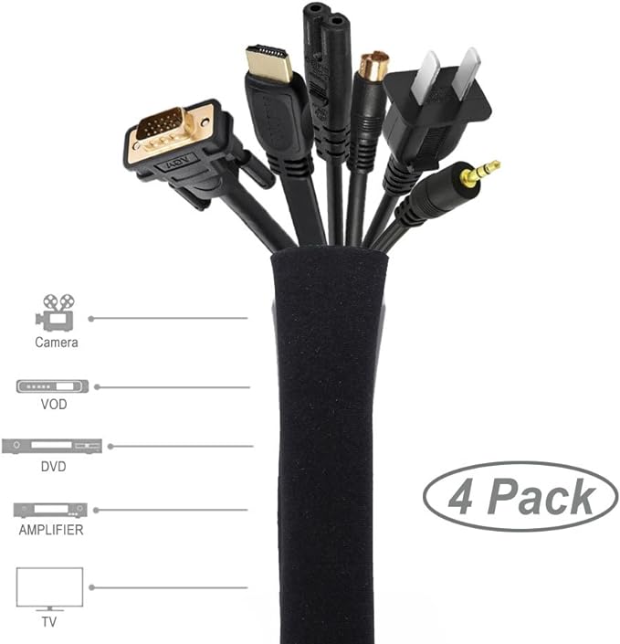 JOTO 4 Pack Cable Management Sleeve, 19-20 Inches Cord Organizer System with Zipper for TV Computer Office Home Entertainment, Flexible Cable Sleeve Wrap Cover Wire Hider System -Black