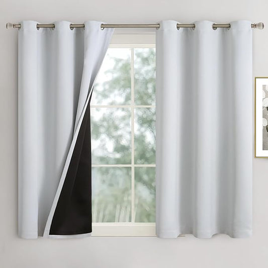 Short Blackout Curtains 45 Inch Length 2 Panels, 100% Light Blocking Thermal Insulated Soundproof Grommet Small Window Curtains for Bedroom Basement with Liner Each 42 Inch Wide, Greyish White