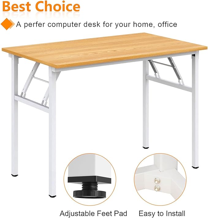 Need Folding Desk for Home Office 39-3/8 inch Length Modern Folding Table Computer Desk No Install Needed Teak Color Desktop White Frame AC5BW(100 * 60)