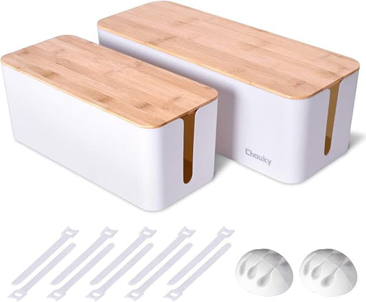 2 Pack Large Cable Management Box – Wooden Style Cord Organizer and Cover for TV Wires, Computer, Router, USB Hub and Under Desk Power Strip – Safe ABS Material and Baby-Pets Proof Lock (White)