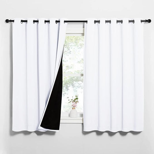 NICETOWN White 100% Blackout Lined Curtains, 2 Thick Layers Completely Blackout Window Treatment Thermal Insulated Drapes for Kitchen/Bedroom (1 Pair, 62 inches Width x 63 inches Length Each Panel)