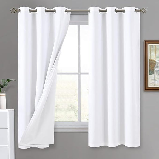 White Blackout Curtains for Bedroom 63 Inch Length 2 Panels Set, Thermal Insulated 100% Light Blocking Soundproof Grommet Window Curtains for Living Room with White Liner, Each 42 Inch Wide