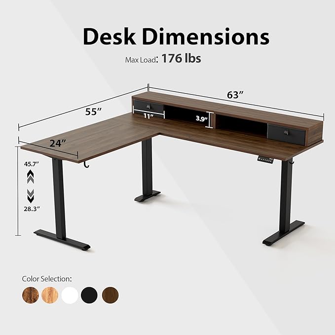 Agilestic 63 x 55 INCH L Shaped Electric Standing Desk with 2 Drawers, Ergonomic Adjustable Height Desk with Storage, Corner Desk Sit Stand up Computer Table for Work Office Home, Dark Wlalnut