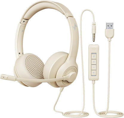 USB Headset with Mic for PC, On-Ear Computer Laptop Headphones with Noise Cancelling Microphone in-line Control for Home Office Online Class Skype Zoom (USB+3.5mm, Apricot)