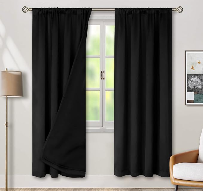 BGment Thermal Insulated 100% Blackout Curtains for Bedroom with Black Liner, Double Layer Full Room Darkening Noise Reducing Rod Pocket Curtain (42 x 84 Inch, Black, 2 Panels)