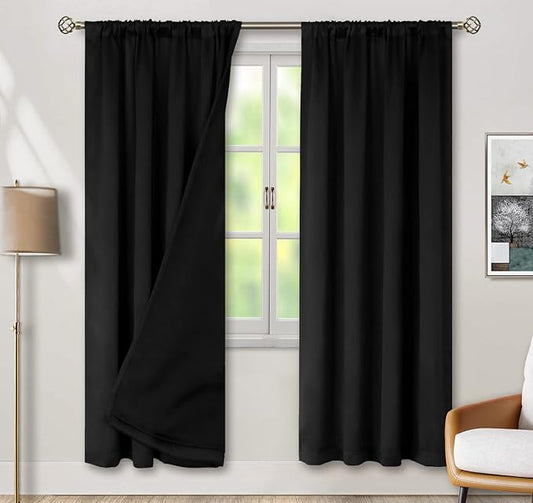 BGment Thermal Insulated 100% Blackout Curtains for Bedroom with Black Liner, Double Layer Full Room Darkening Noise Reducing Rod Pocket Curtain (42 x 84 Inch, Black, 2 Panels)