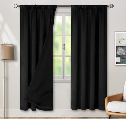 BGment Thermal Insulated 100% Blackout Curtains for Bedroom with Black Liner, Double Layer Full Room Darkening Noise Reducing Rod Pocket Curtain (52 x 84 Inch, Black, 2 Panels)