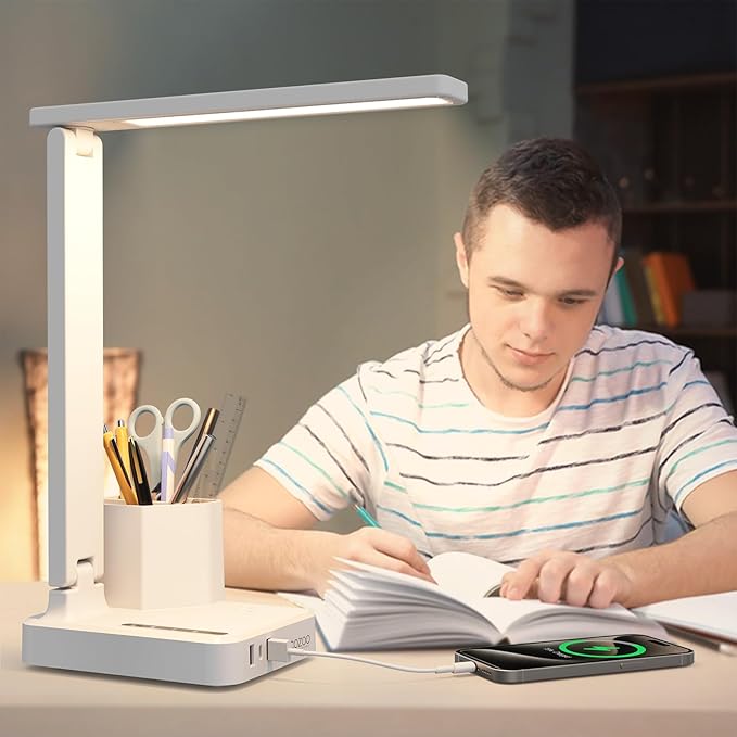 COZOO Dimmable Desk Table Lamp with Pen Holder/Organizer,Study LED Desk Lamp with USB Charging Port/Type C Port/Outlets/Storage Box/Touch,Kids Desk Reading Light for Students,Desk Lamp for Home Office