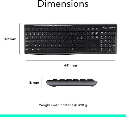 Logitech MK270 Wireless Keyboard And Mouse Combo For Windows, 2.4 GHz Wireless, Compact Mouse, 8 Multimedia And Shortcut Keys, For PC, Laptop - Black