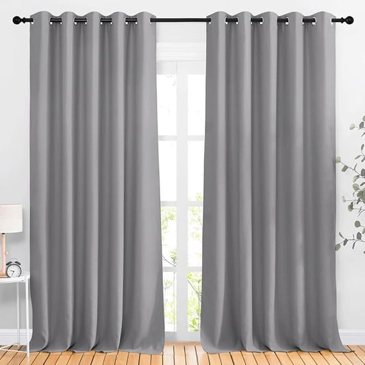 NICETOWN Blackout Silver Grey Curtains & Drapes for Bedroom - Noise Reducing Thermal Insulated Solid Grommet Room Darkening Window Drapes for French Door (2 Panels, 66 x 90 Inch)